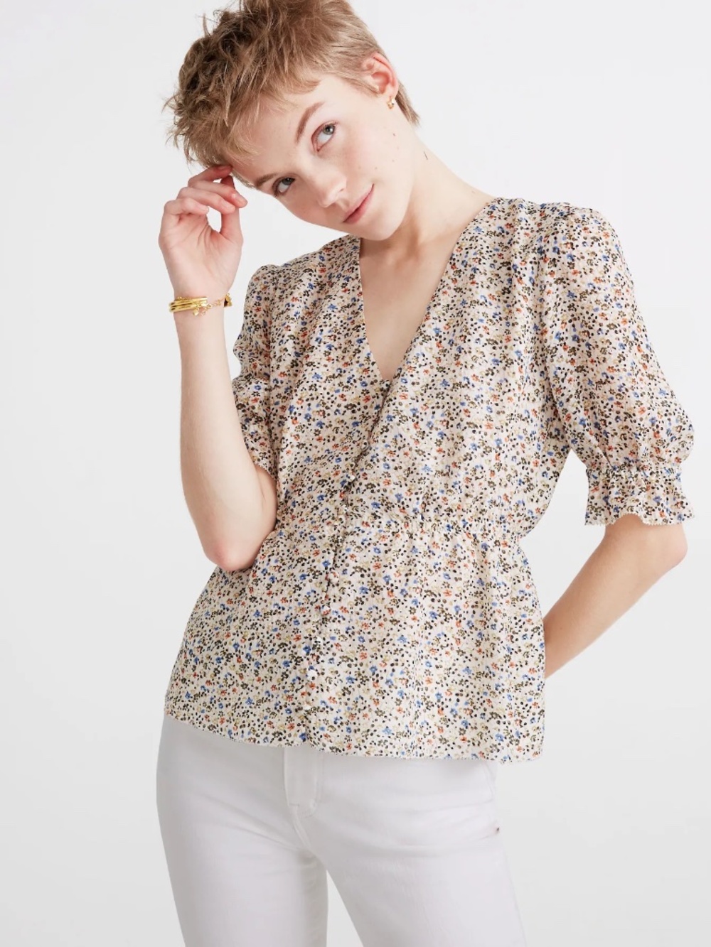 Maxwell Silk V-Neck Peplum Popover Top in Fieldwalk Floral - NWT